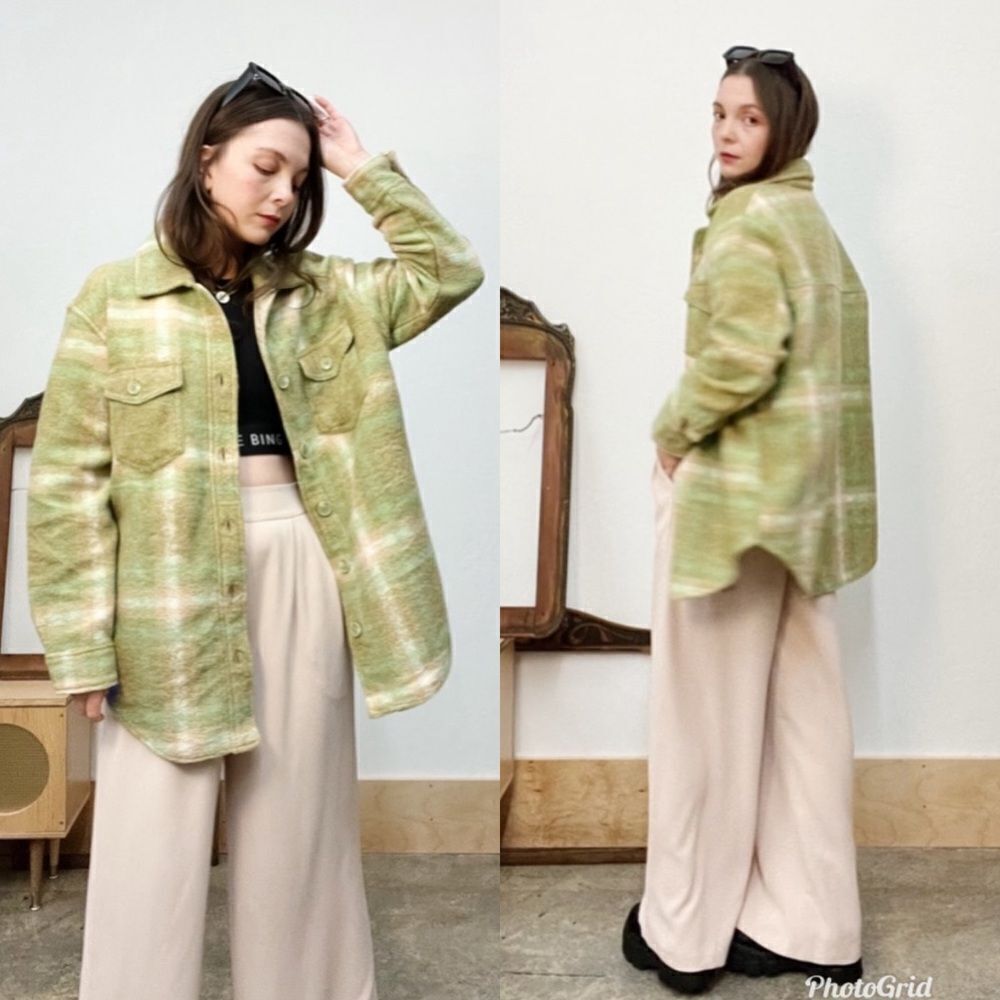 Revolve Joie Oversized Flannel Plaid Green Shacket Button Up Shirt Jacket
